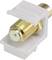 A coaxial keystone module with an F-socket in a white plastic housing, suitable for infrastructure networking in IT installations.