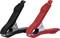 Two crocodile clips, one black and one red, positioned side by side. They have ribbed handles and metal jaws.