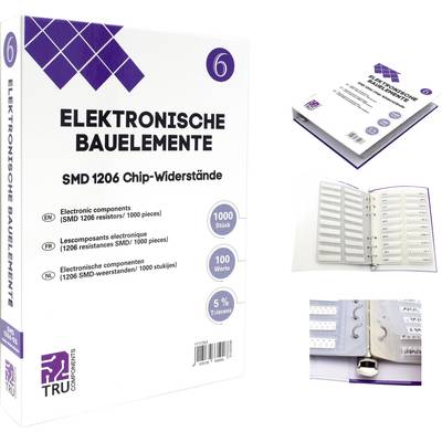 Packaging for 'Electronic Components SMD 1206 Chip Resistors'. Contains 1000 pieces, 5% tolerance. Shows folder with resistors.