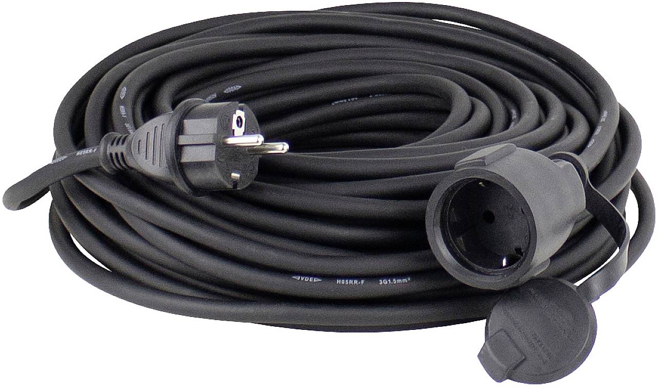 Long black extension lead with plug and socket, coiled. Ideal for electrical extension in indoor and outdoor areas.