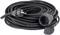 Long black extension lead with plug and socket, coiled. Ideal for electrical extension in indoor and outdoor areas.