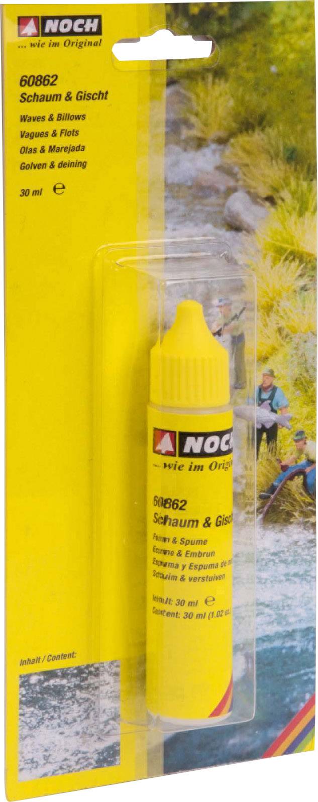 Yellow modelling product 'Foam & Spray' by NOCH, 30 ml, on cardboard packaging. Water landscape image in the background.