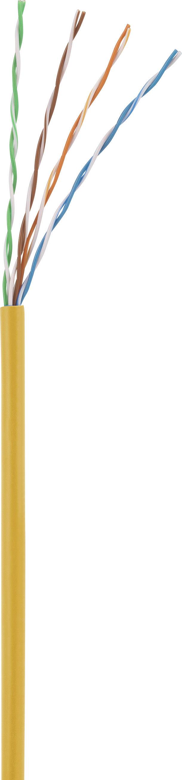 A yellow network cable end with four twisted pairs of wires in different colours: green, brown, blue and orange.