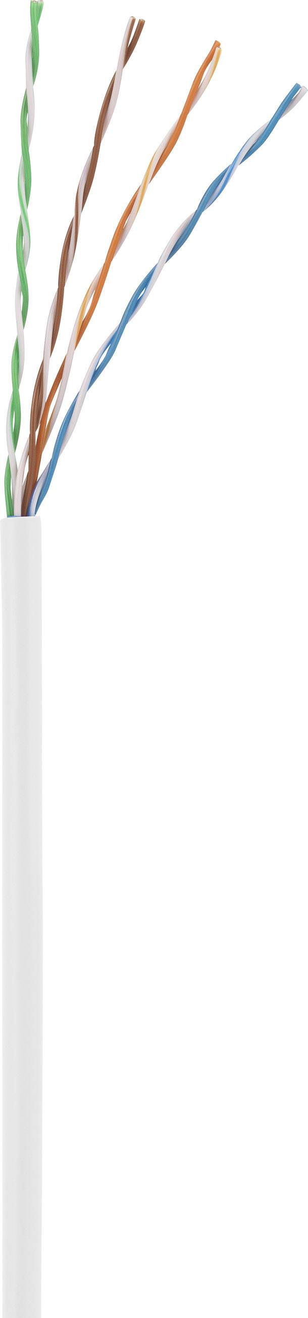 Four twisted cable pairs in a white network cable sheath are visible, with each cable pair having different colours.