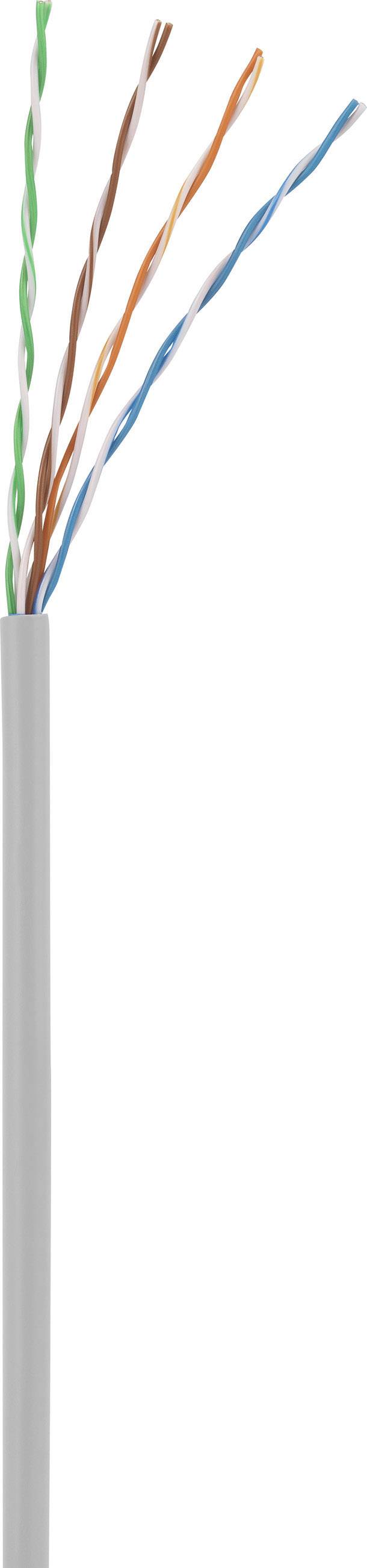 Close-up of a network cable with four twisted wire pairs in different colours, partially exposed.