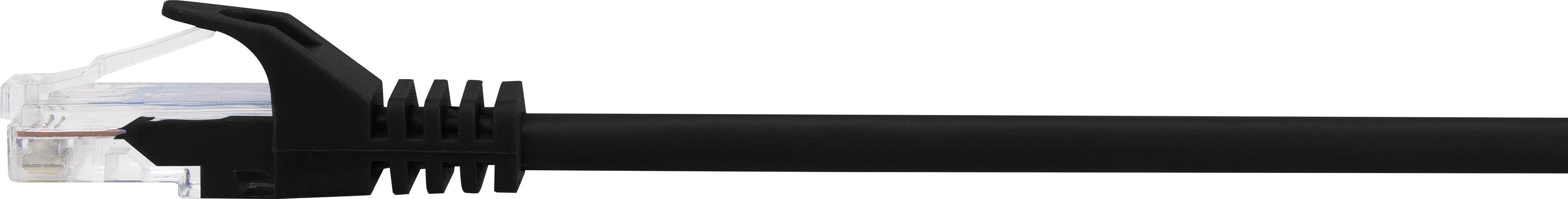 A black Ethernet cable with a transparent RJ-45 connector, used for network connections.