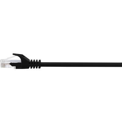 A black Ethernet cable with a transparent RJ-45 connector, used for network connections.