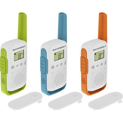 Three walkie-talkies in green, blue and orange. Each device displays an LCD screen with numbers and has a single-colour clip.