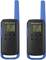 Two black and blue Motorola walkie-talkies, with display screens, buttons and aerials, for radio communication.