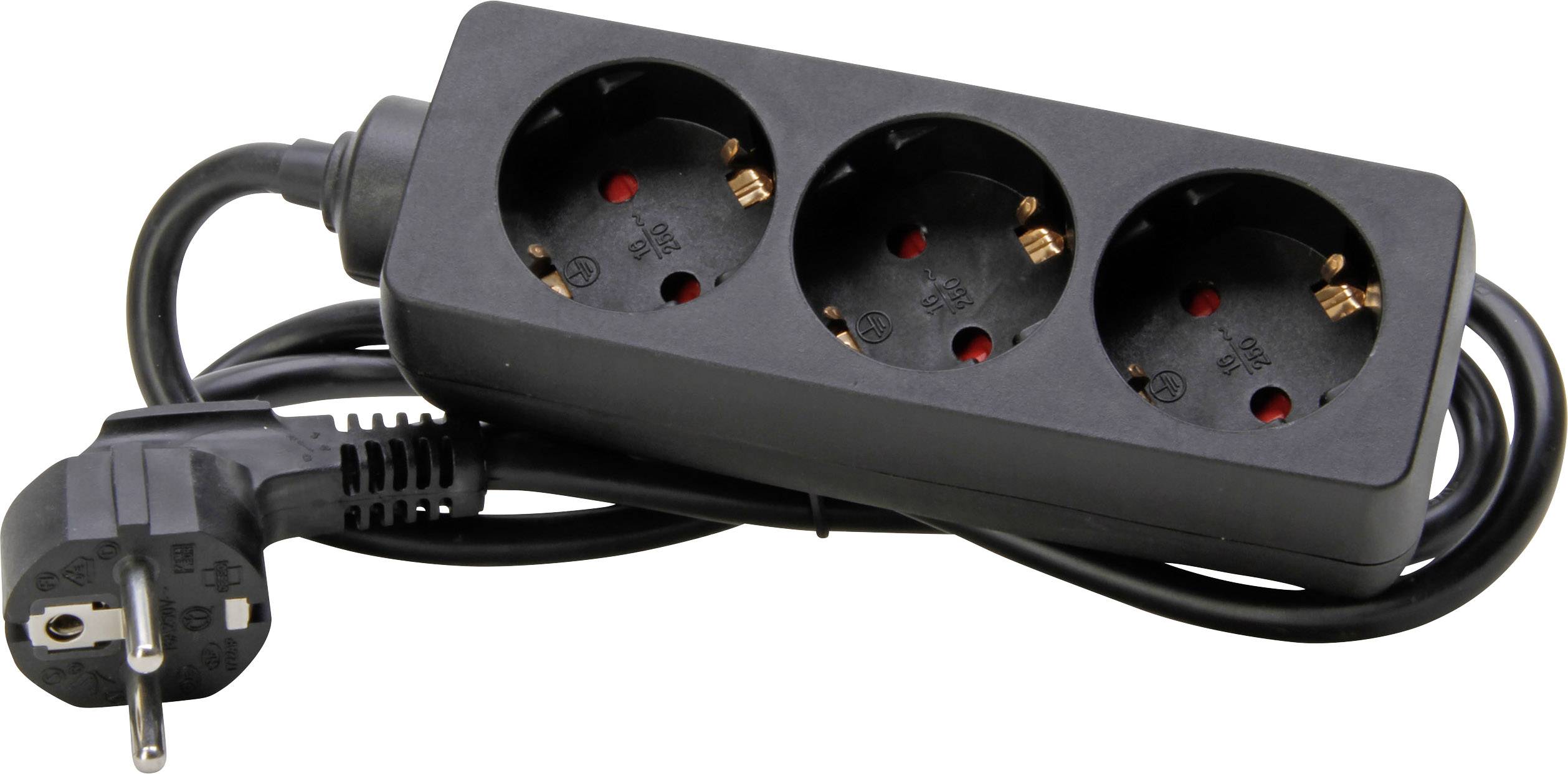 A black triple socket extension lead with an attached power cable and plug.