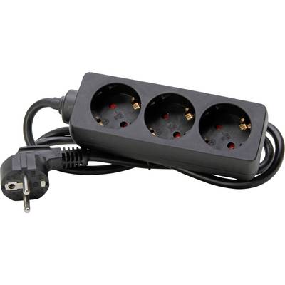 A black triple socket extension lead with an attached power cable and plug.