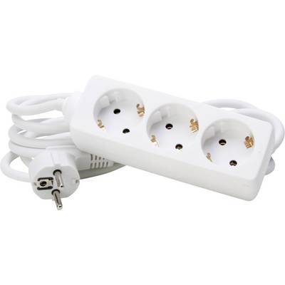 'Three power strips with white cable and plug, suitable for European sockets, on a white background.'