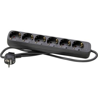 Six-way power strip with mains cable, black, suitable for connecting multiple electronic devices simultaneously.