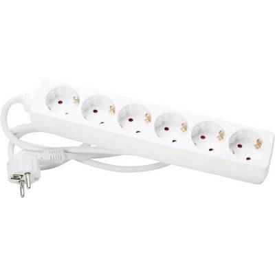 White six-way extension socket with a long cable, suitable for connecting multiple electrical devices.