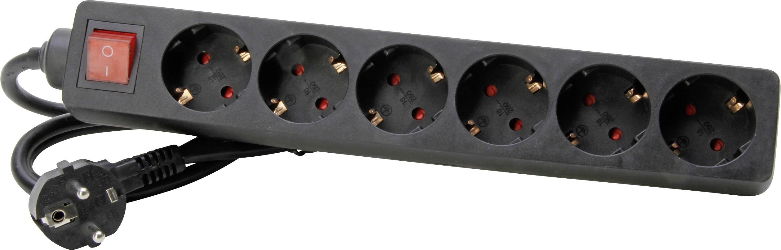 Black power strip with six socket outlets and a red on/off switch.