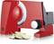 Electric food slicer machine with adjustment dial, slicing thin pieces of aubergines.