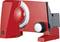 Red all-purpose slicer machine with silver cutting blade and rotary knob. Brand text 'GRAEF' on the side.
