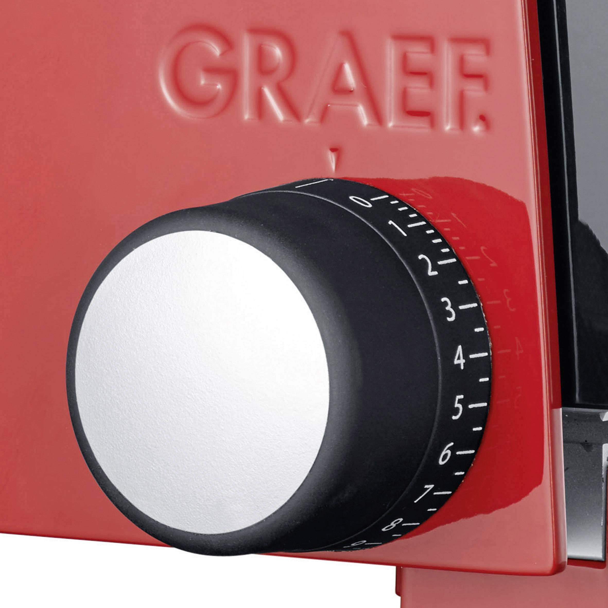 Red Graef universal slicer with a black rotary knob for adjusting the slice thickness.
