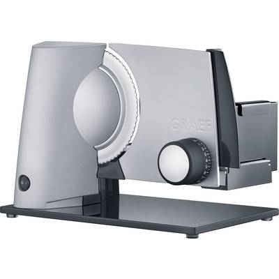 A silver food slicer with a serrated blade and rotary dial. The device stands on a dark base and is suitable for slicing bread, sausage and cheese.