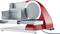 Electric all-purpose slicer in red and silver. Suitable for precision cutting of bread, meat, cheese and more.