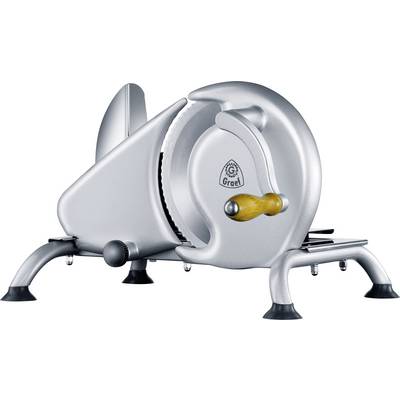 Electric silver all-purpose slicer machine with wooden handle on non-slip feet.
