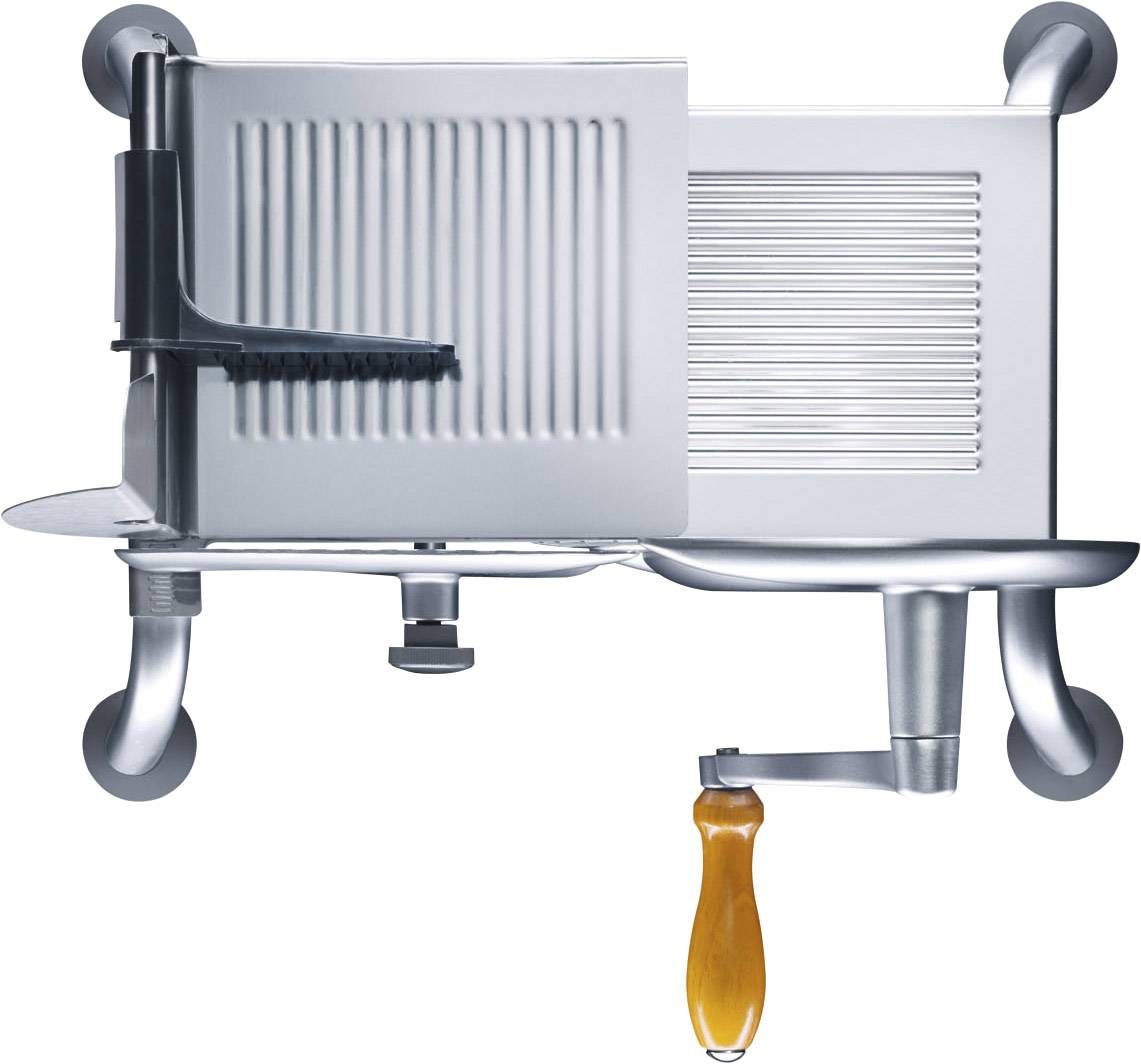 Silver, manual bread slicer with a hand crank and mounting, set against a white background.