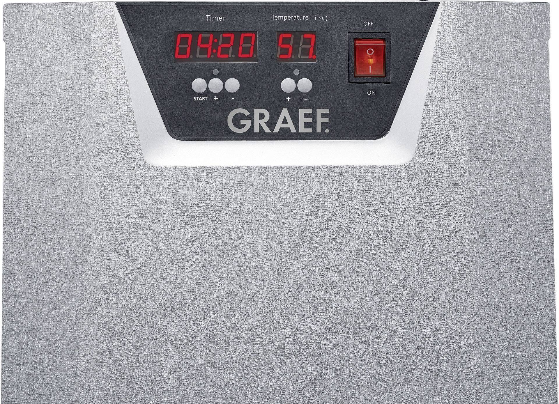'Graef' kitchen appliance with digital display. On the left, timer showing '04:20', on the right temperature '57'. On/off switch with red indicator light.