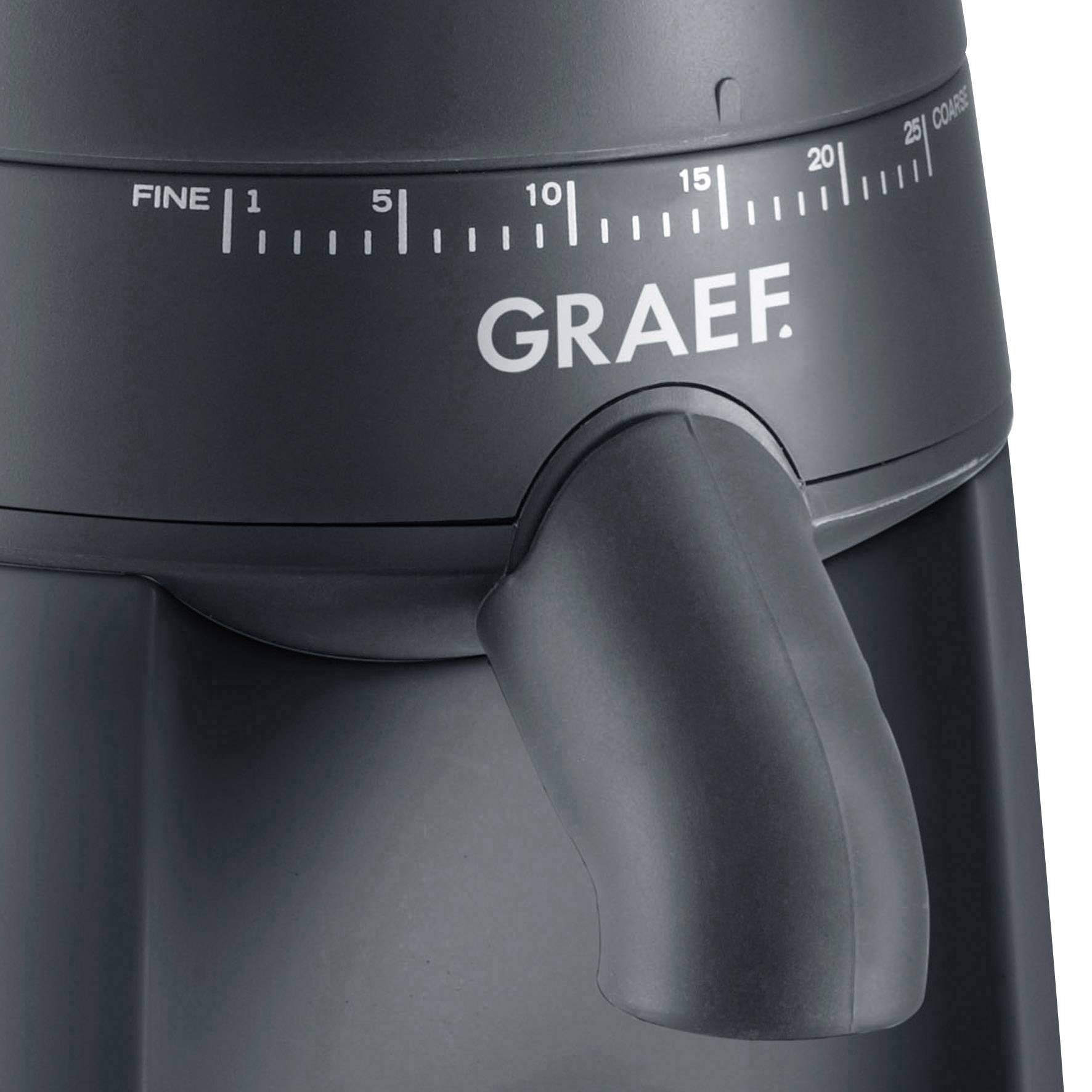 Grey coffee bean container of an electric coffee grinder by the brand 'Graef' with a scale ranging from fine to coarse and 25 settings.