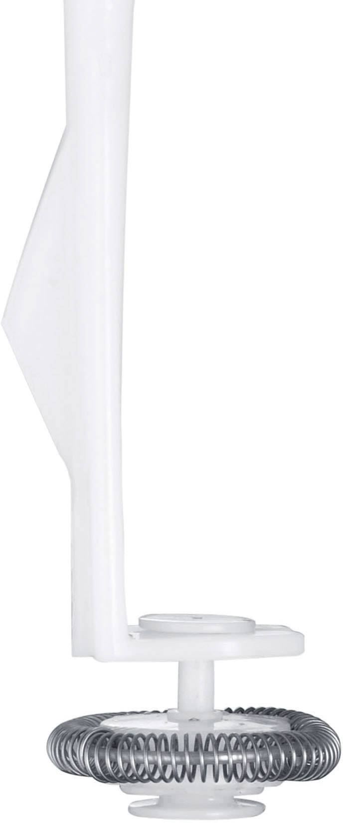 A white milk frother with a spiral metal attachment. The handle is elongated with a flat plastic blade.