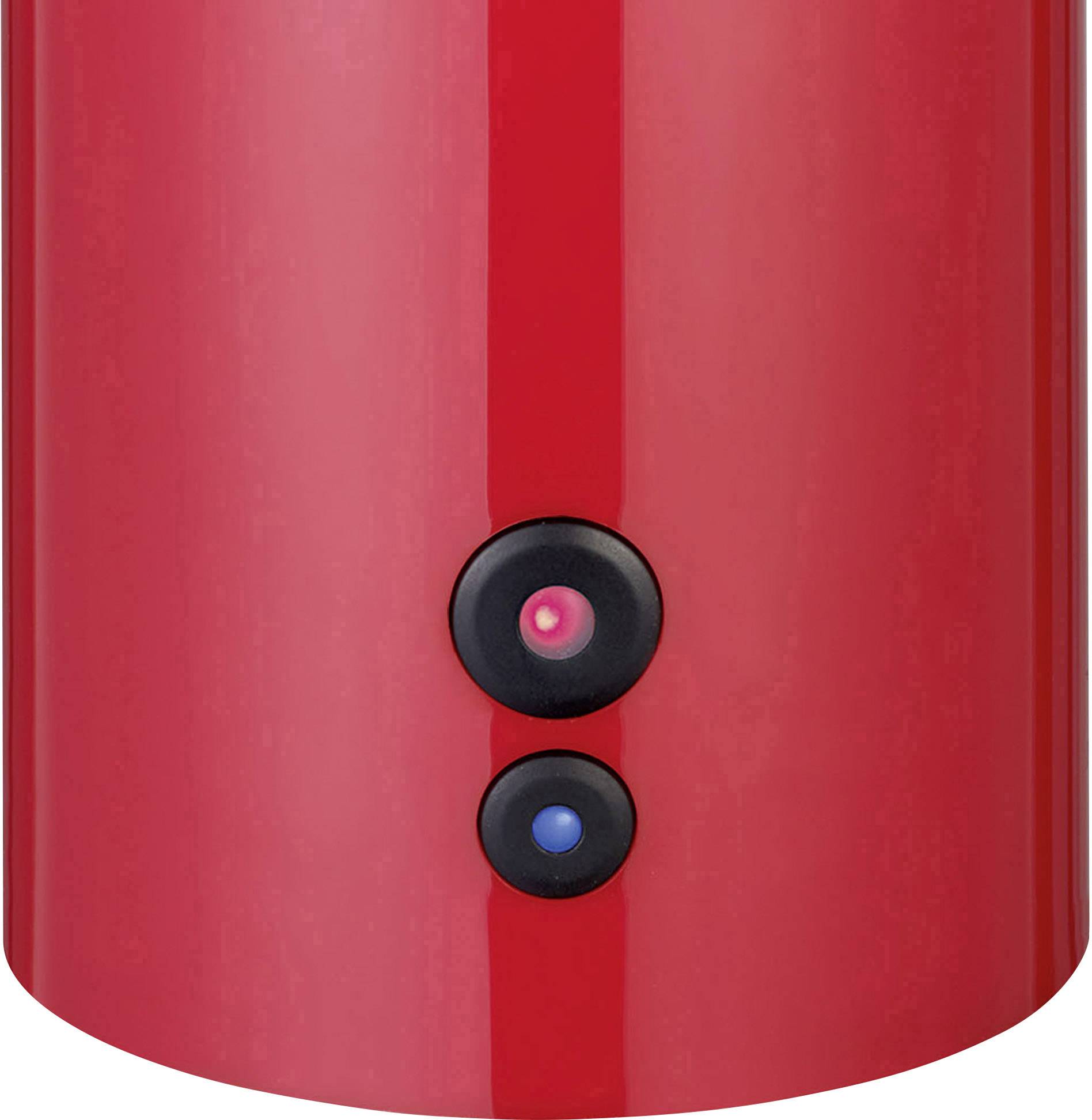 A red, cylindrical object with two buttons: a red one on top and a blue one on the bottom.