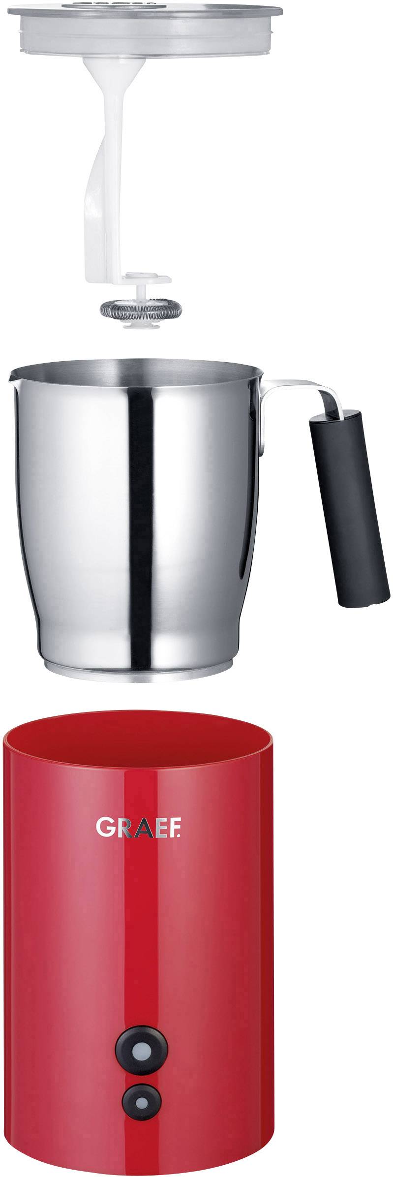 Exploded view of a red electric milk frother with jug, lid, and base, showing all components and their arrangement.