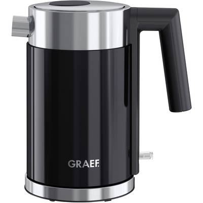 Black kettle with silver details, marked with 'Graef', showcases modern design.