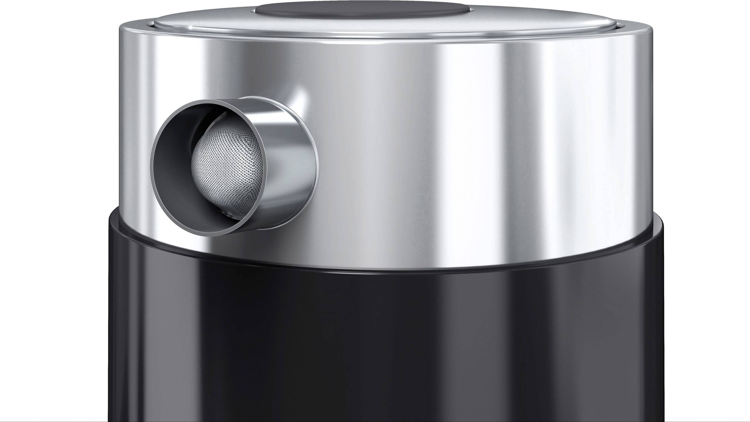 Close-up of a modern, cylindrical black speaker box with a silver accent and round speaker openings at the top.