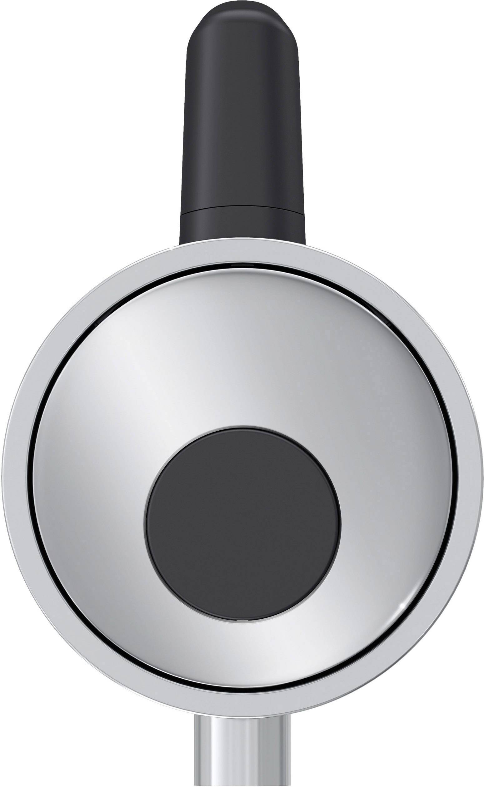 A silver shower head with a black control button in the centre, with a black handle at the top.