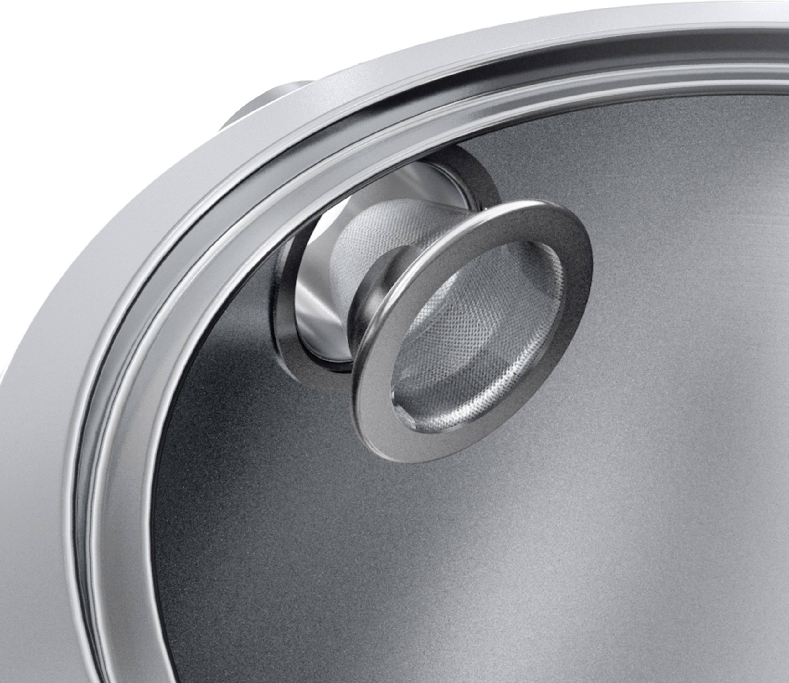A detailed view of a silver-coloured kitchen pot with a strainer lid, highlighting its functionality and design.