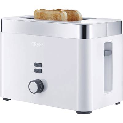 White toaster with two bread slots. Three buttons and a dial to adjust the browning level.
