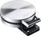 Silver, round waffle maker by Graef with a black handle and temperature display.