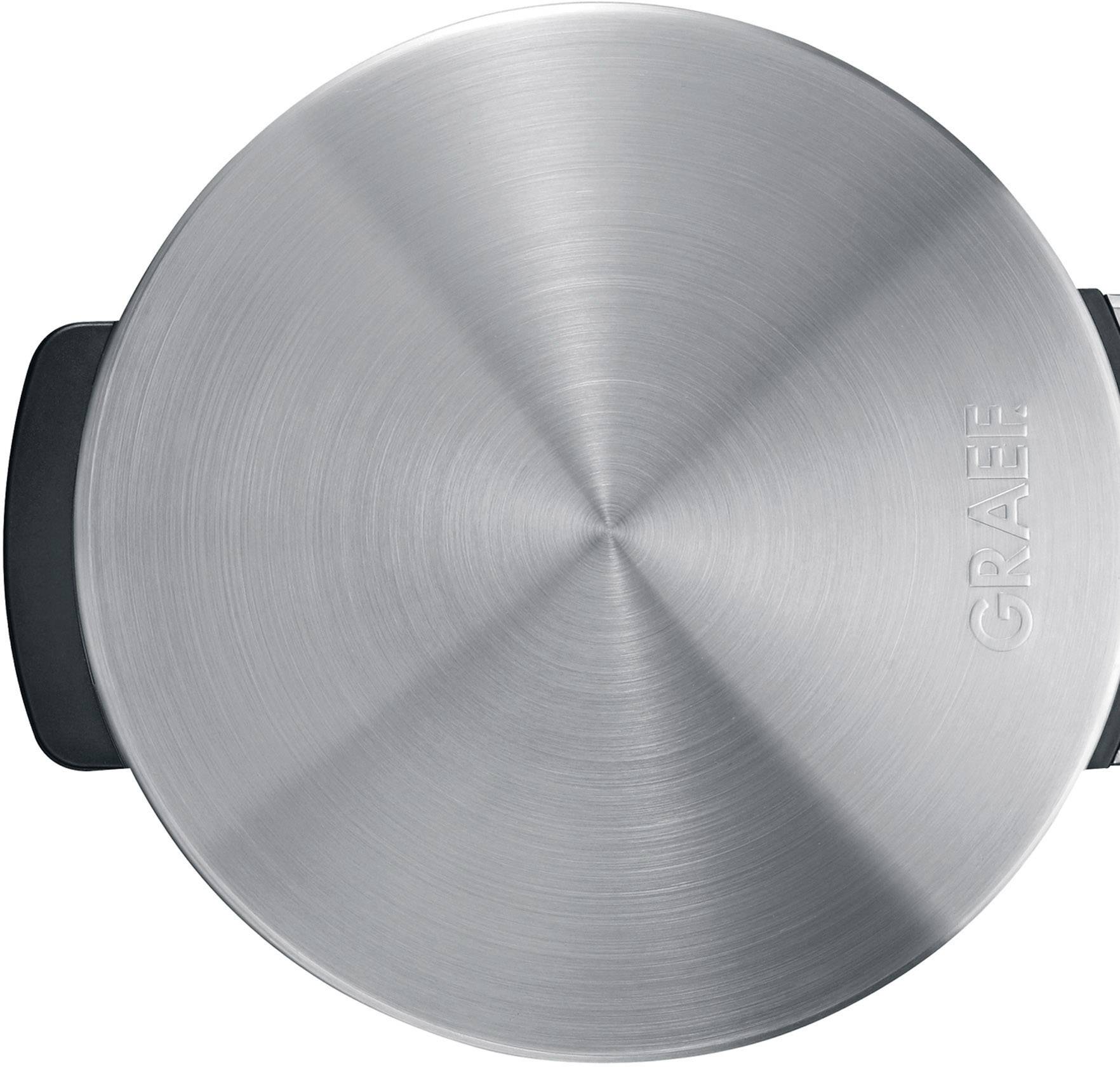 A round, silver metal lid with a handle on the side. The name 'Graef' is printed on the lid.