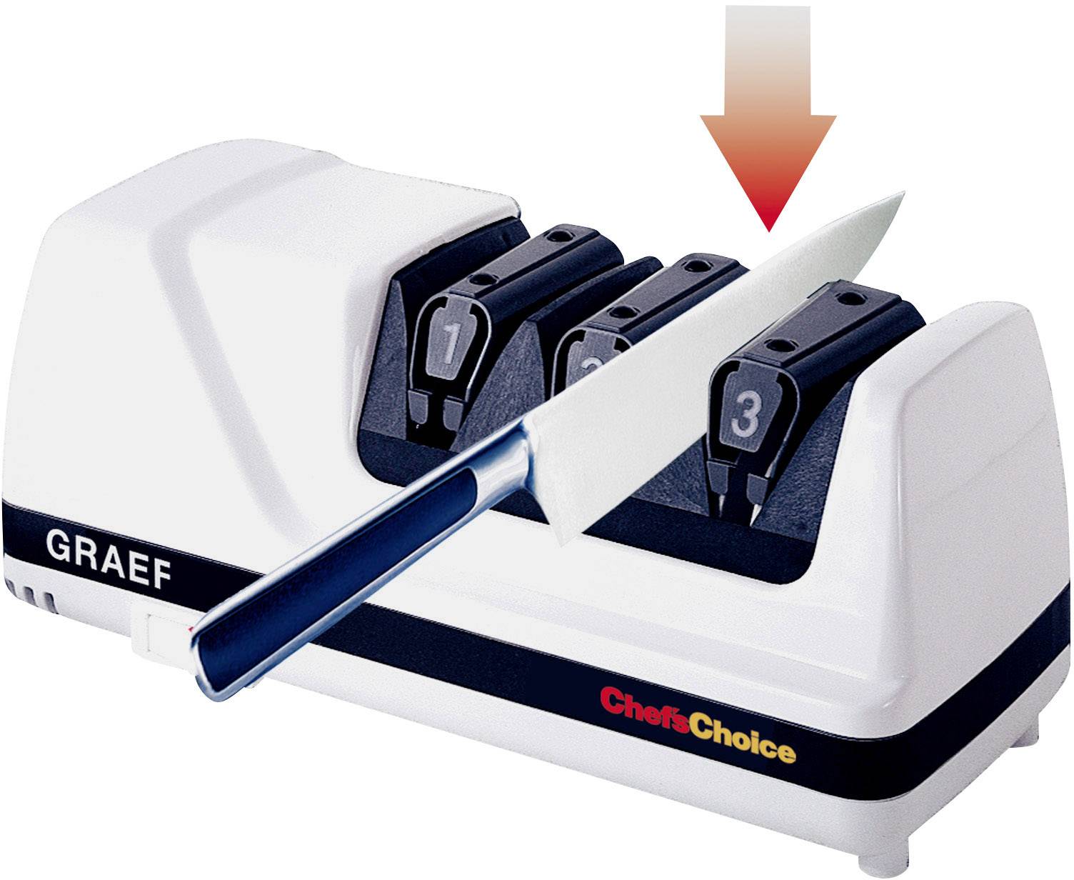 Electric knife sharpener with two grinding and one polishing module, knife becomes sharper, arrow indicates grinding direction.