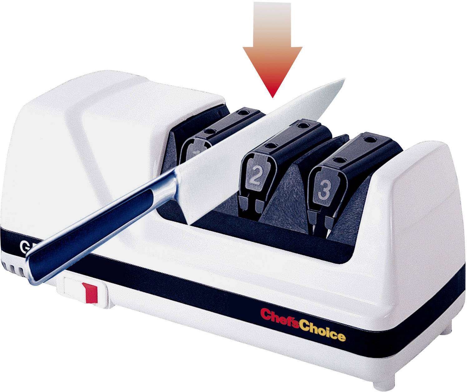 Electric knife sharpener with three stages. A knife is guided through the slots. A red arrow indicates the sharpening process.