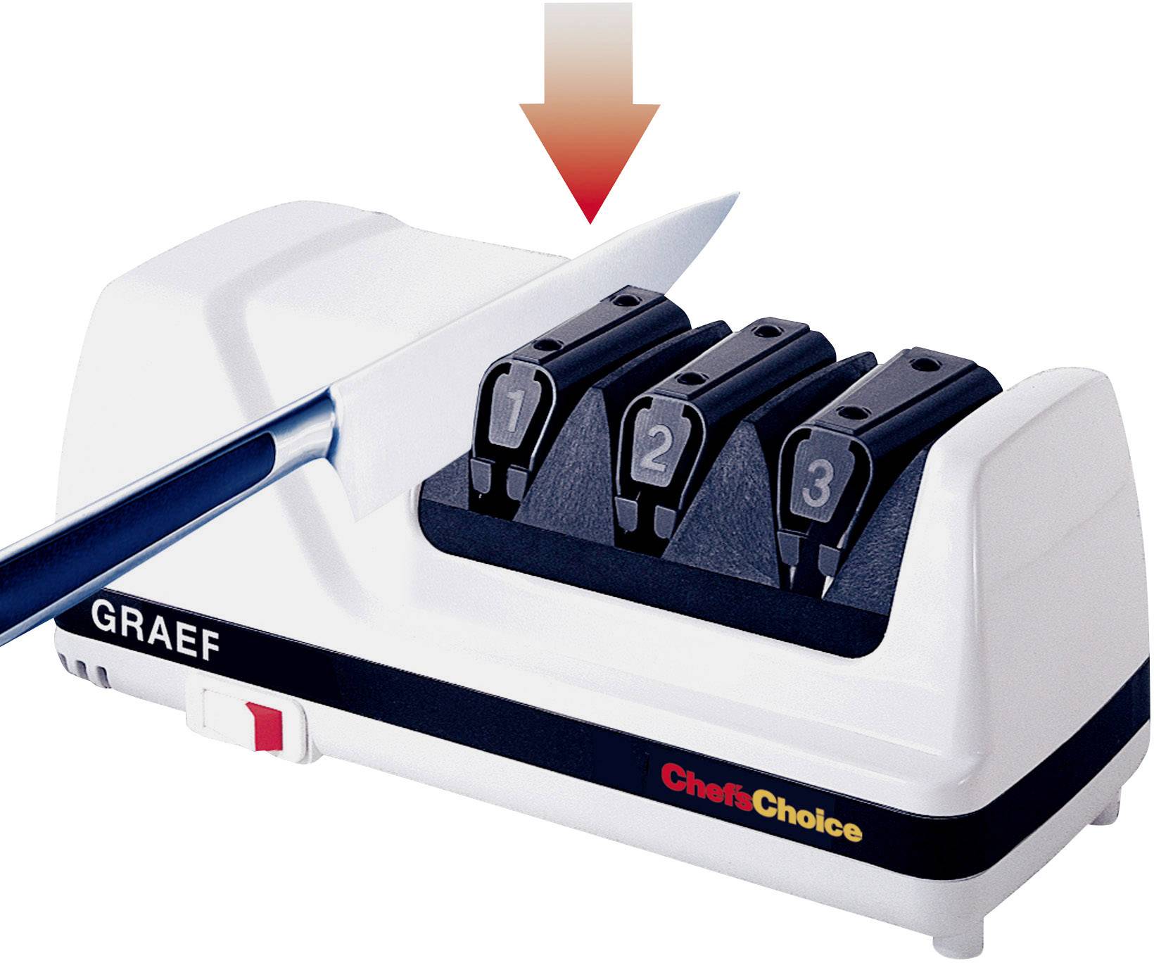 Electric knife sharpener with three grinding stages. A knife is inserted into the first stage. Red arrow indicates grinding direction.
