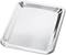 Rectangular metal tray with raised edges, shiny and reflective. Suitable for serving or medical purposes.