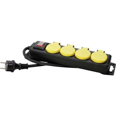 A black power distributor with four yellow sockets and a switch. A plug with cable is connected at one end.