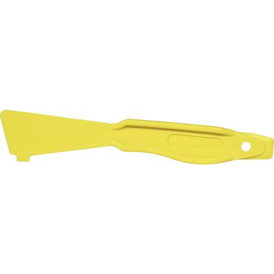 A yellow plastic scraper with an ergonomic handle and a hole for hanging.