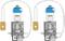 Two blue car lights with metal housings and white cables, illuminated, against a white background. Suitable as replacement parts.