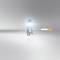 A single blue light bulb with a white base and orange wire on a grey background.