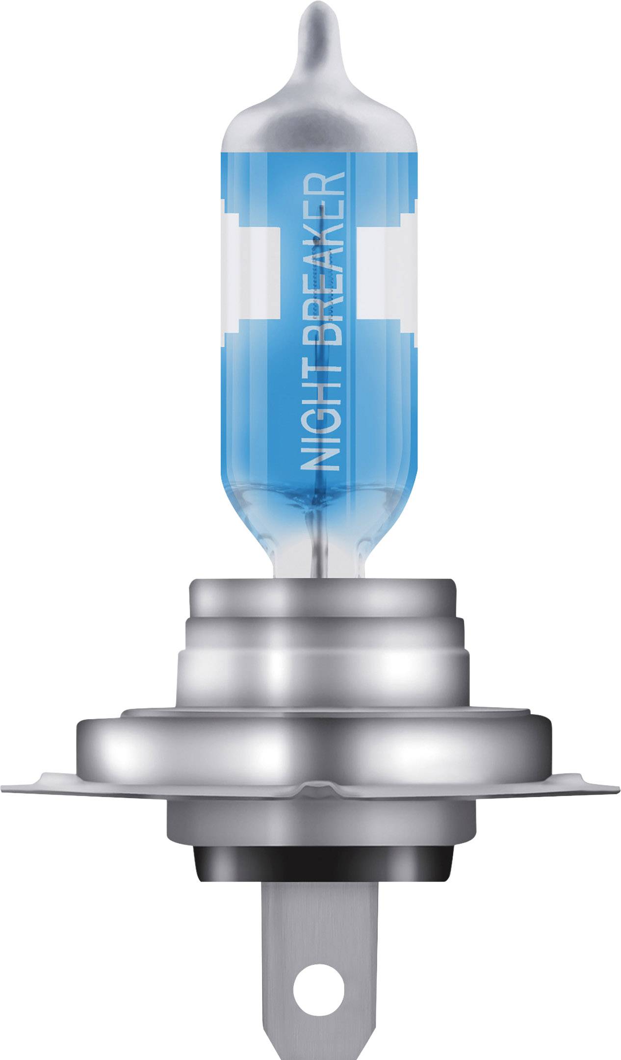 Headlamp bulb with a blue glass envelope and the inscription 'Night Breaker'.