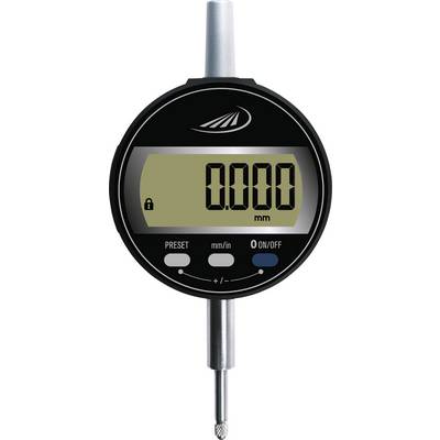 Digital calliper with large display showing '0.000 mm'. Surrounding buttons labelled 'PRESET', 'mm/in', 'ON/OFF'.