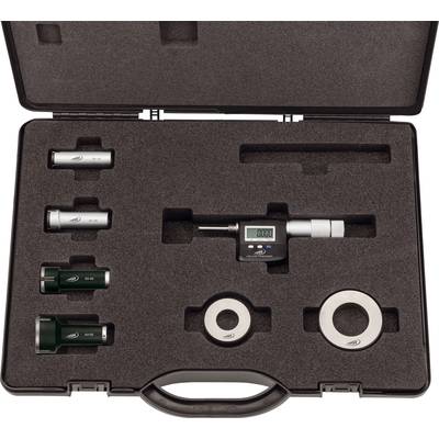 'Calibration set with digital vernier callipers in a foam box, comprising multiple calibration cylinders and rings.'