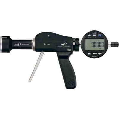 Digital micrometre with display measuring 50 to 60 mm. Black housing with silver control elements and measuring dial.
